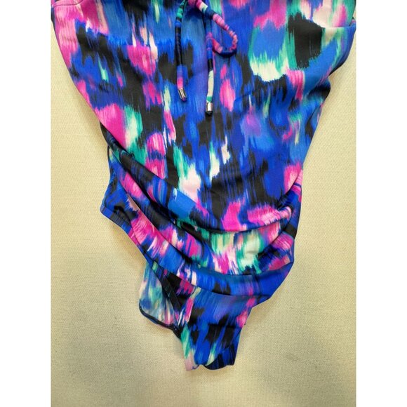 Aqua Green Women’s Tie Front One Piece Swimsuit Womens L Blue Abstract Padded - Picture 5 of 8